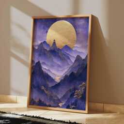Purple Moon Mountain Landscape Poster Gold Asian Wall Art Vertical Nature Print For Living Room Bedroom Office Decor, Ink - thumbnail 2
