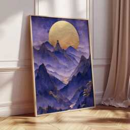 Purple Moon Mountain Landscape Poster Gold Asian Wall Art Vertical Nature Print For Living Room Bedroom Office Decor, Ink - thumbnail 4