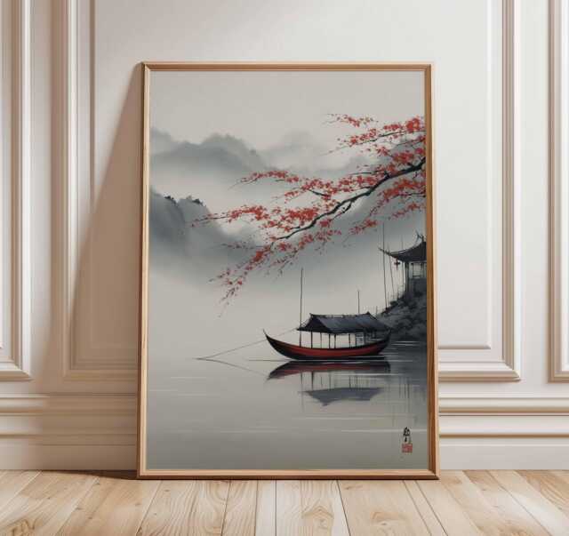 Japanese Boat Wall Art Print, Zen Landscape Poster, Asian Minimalist Home Decor, Tranquil Water Scene, Oriental Style Artwork - image 1