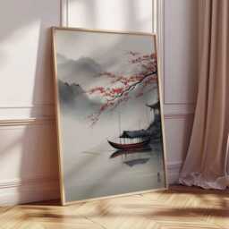 Japanese Boat Wall Art Print, Zen Landscape Poster, Asian Minimalist Home Decor, Tranquil Water Scene, Oriental Style Artwork - thumbnail 2