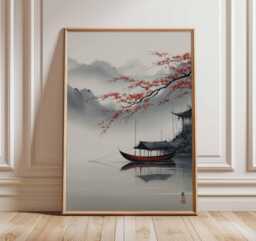Japanese Boat Wall Art Print, Zen Landscape Poster, Asian Minimalist Home Decor, Tranquil Water Scene, Oriental Style Artwork - thumbnail 1