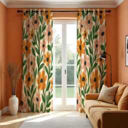 Orange Floral Curtains, Bold Retro Flower Print Drapes, Mid Century Modern Botanical Window Panels, Made To Measure Curtains - thumbnail 3