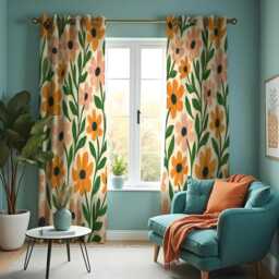 Orange Floral Curtains, Bold Retro Flower Print Drapes, Mid Century Modern Botanical Window Panels, Made To Measure Curtains - thumbnail 2