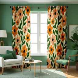 Orange Floral Curtains, Bold Retro Flower Print Drapes, Mid Century Modern Botanical Window Panels, Made To Measure Curtains - thumbnail 1