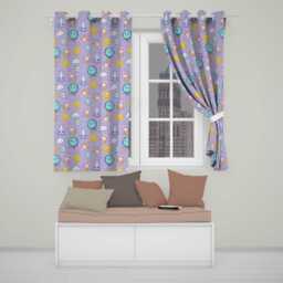 Cute Kawaii Space Rocket Globe Sun Star Lilac Seamless Pattern Readymade Eyelet Ring Top Thermal 100% Blackout Curtains