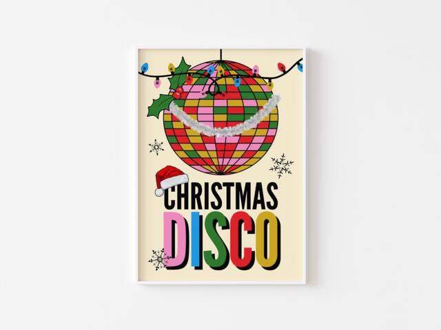Christmas Disco Print - Fun Print, Ball, Tinsel, Funky Retro Christmas, Party Poster, Groovy 60S 70S Colourful Art - image 1