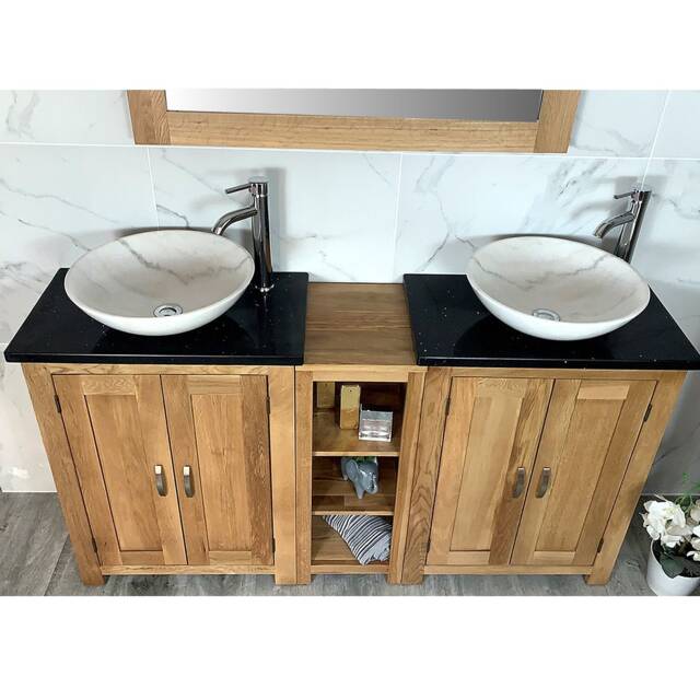 Bathroom Vanity Unit - Sink Washstand Slimline Oak With Black Quartz Worktop & Sit On Basins Taps Plugs Included - image 1