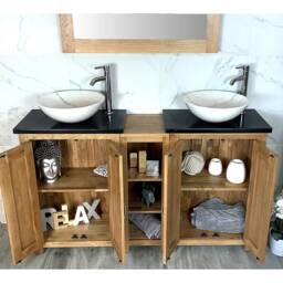 Bathroom Vanity Unit - Sink Washstand Slimline Oak With Black Quartz Worktop & Sit On Basins Taps Plugs Included - thumbnail 3