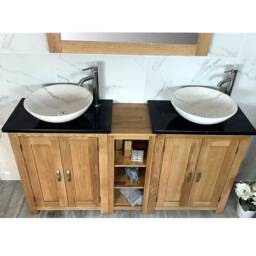 Bathroom Vanity Unit - Sink Washstand Slimline Oak With Black Quartz Worktop & Sit On Basins Taps Plugs Included - thumbnail 1