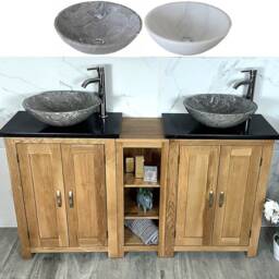 Bathroom Vanity Unit - Sink Washstand Slimline Oak With Black Quartz Worktop & Sit On Basins Taps Plugs Included - thumbnail 2