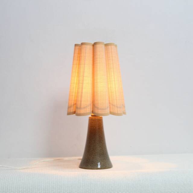 Handmade Khaki Striped Fabric Table Lamp With Brown Ceramic Base - image 1