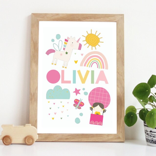 Girls Unicorn Name Print, Nursery Wall Art, Bedroom Prints, Rainbow Fairies Fairy Art - image 1