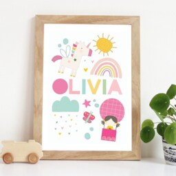 Girls Unicorn Name Print, Nursery Wall Art, Bedroom Prints, Rainbow Fairies Fairy Art - thumbnail 1