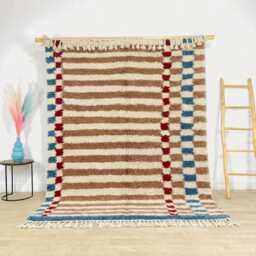 Brown & Cream Moroccan Berber Rug With Geometric Stripes, Handmade Wool Shag Rug, Neutral Style Carpet, 9x12 Area