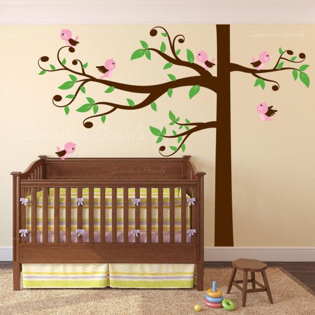 Swirly Tree Wall Decal With Birds Nursery Corner Kids Branches Leaves & Singing Whimsical Crib Girls Boys #1329 - image 1
