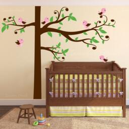 Swirly Tree Wall Decal With Birds Nursery Corner Kids Branches Leaves & Singing Whimsical Crib Girls Boys #1329 - thumbnail 2