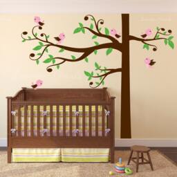 Swirly Tree Wall Decal With Birds Nursery Corner Kids Branches Leaves & Singing Whimsical Crib Girls Boys #1329 - thumbnail 1