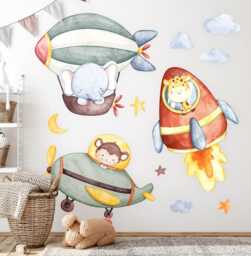 Flight Of Animals Wall Stickers For Kids Room, Green Baby Room Decor, Animals Decal Children's Self Adhesive - thumbnail 1