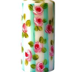 Large Hand Painted Pillar Candle Pink Roses, Turquoise Blue Stripes, Shabby Chic Decor - thumbnail 3