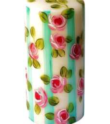 Large Hand Painted Pillar Candle Pink Roses, Turquoise Blue Stripes, Shabby Chic Decor - thumbnail 1