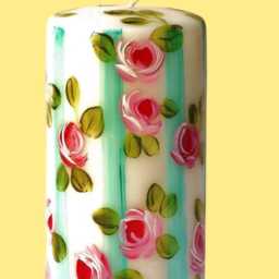 Large Hand Painted Pillar Candle Pink Roses, Turquoise Blue Stripes, Shabby Chic Decor - thumbnail 2