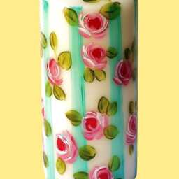 Large Hand Painted Pillar Candle Pink Roses, Turquoise Blue Stripes, Shabby Chic Decor - thumbnail 4