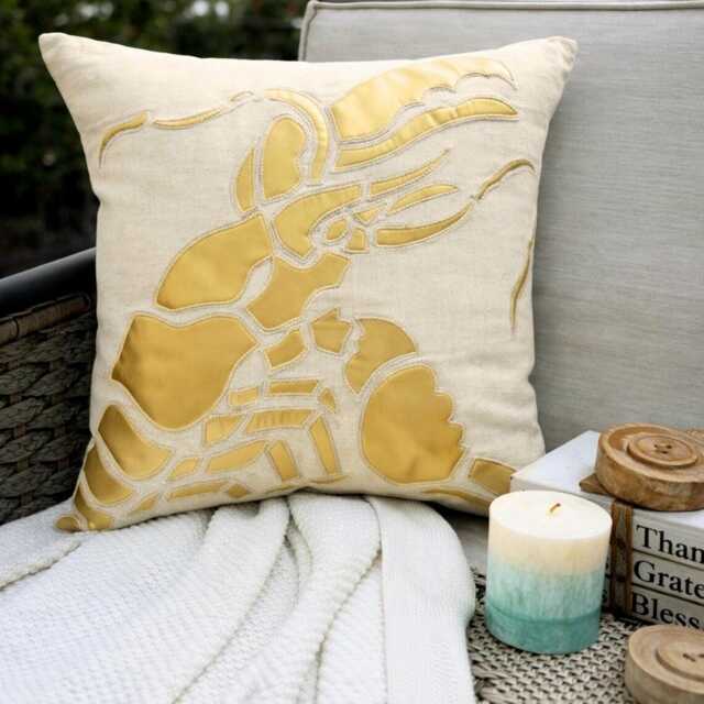 Beige Cotton Linen Metallic Applique Sea Creature Pattern, 24x24/26x26 Beach Style Euro Sham - Gold Lobster - image 1
