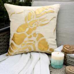 Beige Cotton Linen Metallic Applique Sea Creature Pattern, 24x24/26x26 Beach Style Euro Sham - Gold Lobster - thumbnail 1