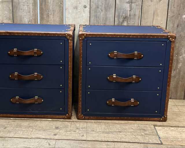 Navy Leather Nightstands With Brass Studs, Hardwood Drawer Units - image 1