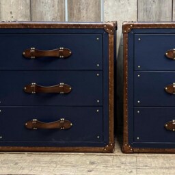 Navy Leather Nightstands With Brass Studs, Hardwood Drawer Units - thumbnail 2