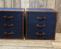 Navy Leather Nightstands With Brass Studs, Hardwood Drawer Units - thumbnail 1