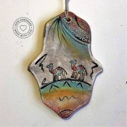 Ceramic Hamsa Wall Hanging, Desert Sunset Art, Evil Eye Protection, Handmade Israel Souvenir, Unique Negev Pottery Gift, Decor - thumbnail 3