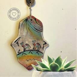 Ceramic Hamsa Wall Hanging, Desert Sunset Art, Evil Eye Protection, Handmade Israel Souvenir, Unique Negev Pottery Gift, Decor - thumbnail 2