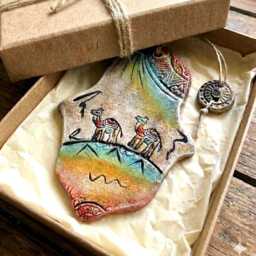 Ceramic Hamsa Wall Hanging, Desert Sunset Art, Evil Eye Protection, Handmade Israel Souvenir, Unique Negev Pottery Gift, Decor - thumbnail 1