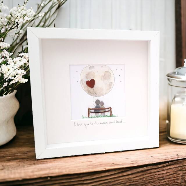 Wedding Anniversary Gift Husband Wife Personalised Framed Pebble Picture, Watercolour Illustration Couples Gift, Bespoke, Engagement - image 1