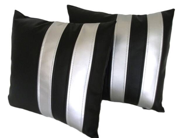 "2 Black & Silver Twin Stripe Faux Leather Cushion Covers 16"" 18"" 20" - image 1