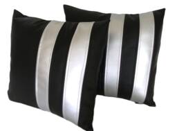 "2 Black & Silver Twin Stripe Faux Leather Cushion Covers 16"" 18"" 20" - thumbnail 1
