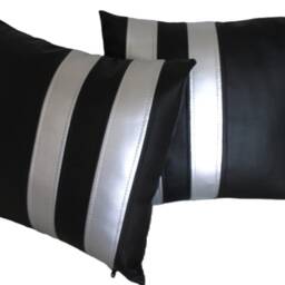 "2 Black & Silver Twin Stripe Faux Leather Cushion Covers 16"" 18"" 20" - thumbnail 3