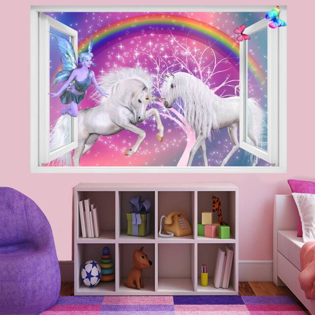 Unicorns Rainbow Fairy Butterflies Wall Sticker Art Poster Mural Transfer Decal Print Kids Room Home Nursery Office Decor Id602 - image 1