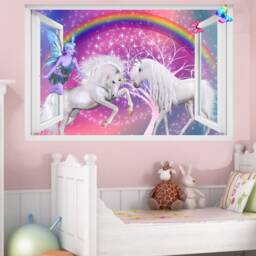 Unicorns Rainbow Fairy Butterflies Wall Sticker Art Poster Mural Transfer Decal Print Kids Room Home Nursery Office Decor Id602 - thumbnail 3