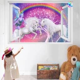 Unicorns Rainbow Fairy Butterflies Wall Sticker Art Poster Mural Transfer Decal Print Kids Room Home Nursery Office Decor Id602 - thumbnail 2