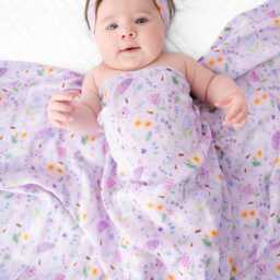 Baby Girl Floral Swaddle Blanket, Lavender Bumble Bees Swaddle Super Soft Bamboo & Cotton Blend, Newborn - thumbnail 2