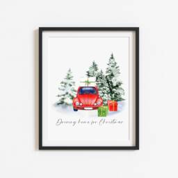 Christmas Car Watercolour Print Winter Holiday Wall Art - Unframed - thumbnail 2