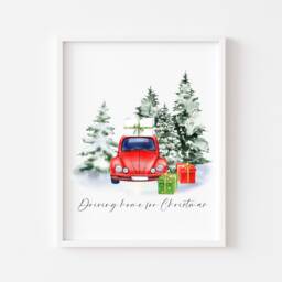 Christmas Car Watercolour Print Winter Holiday Wall Art - Unframed - thumbnail 1