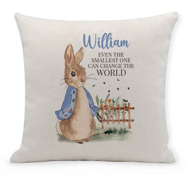Personalised New Baby Cushion, Peter Rabbit, Even The Smallest One Can Change World, Baby, Home Decor, Nursery, Boy, Blue - image 1