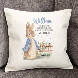 Personalised New Baby Cushion, Peter Rabbit, Even The Smallest One Can Change World, Baby, Home Decor, Nursery, Boy, Blue - thumbnail 2