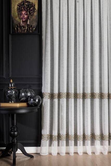 Luxury White Linen Sheer Curtain Striped Embroidery, Custom Bedroom Decor - image 1