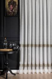 Luxury White Linen Sheer Curtain Striped Embroidery, Custom Bedroom Decor - thumbnail 1