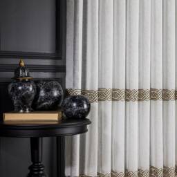 Luxury White Linen Sheer Curtain Striped Embroidery, Custom Bedroom Decor - thumbnail 2