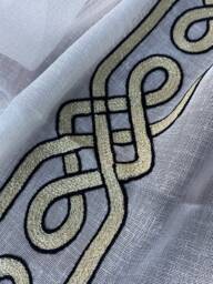 Luxury White Linen Sheer Curtain Striped Embroidery, Custom Bedroom Decor - thumbnail 3
